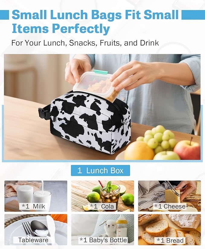 Small Insulated Snack Bag Lunch Box,Collapsible Reusable Small Lunch Bag with Snap Buckle Handle for Beach Travel Picnic,Cow Print 5-Can(3L)