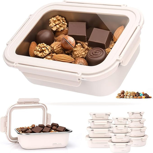 24oz Stainless Steel Lunch Box With Leakproof Glass Lids Microwavable Stainless Steel Food Storage Containers Stackable Freezer Snack Sandwich Meal Prep Metal Bento Box for Travel Picnic Rectangle