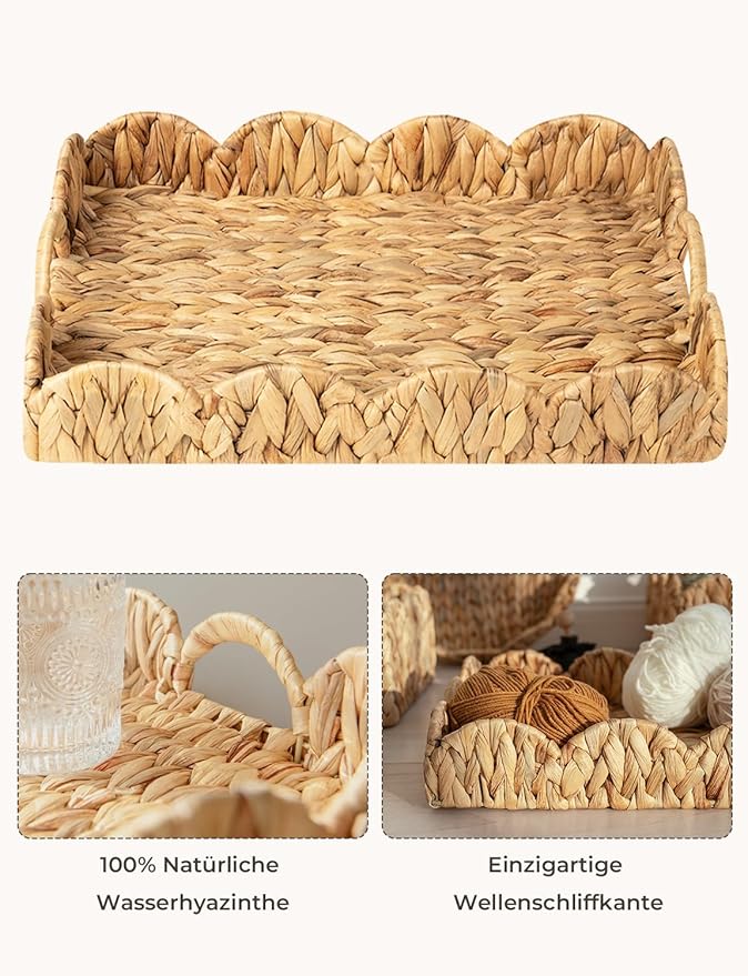 StorageWorks Rectangle Wicker Scalloped Tray, Rattan Serving Trays with Handles, Water Hyacinth Basket for Decorative & Organizing, 15.75" L x 11.5" W x 2.75" H