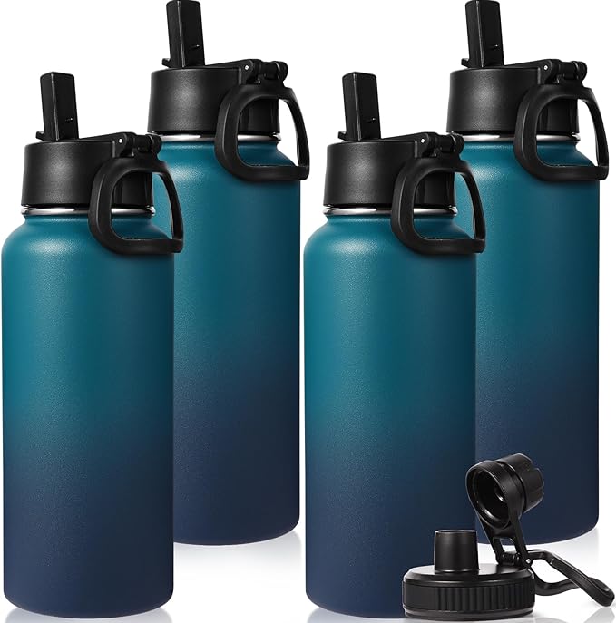 Neihepal 32 oz Insulated Water Bottles Bulk with 2 Lids (Straw & Spout Lid), Stainless Steel Double Wall Water Bottle, Keeps Cold 24H & Hot 12H (Dark Night,4 Pack)