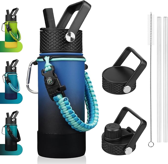 BJPKPK Water Bottle with Straw Lid, 18oz Insulated Water Bottles with 3 Lids, Paracord Handle & Non-slip Boot, Metal Stainless Steel Thermal Flasks, BPA Free Leak Proof Tumblers,Blue Black