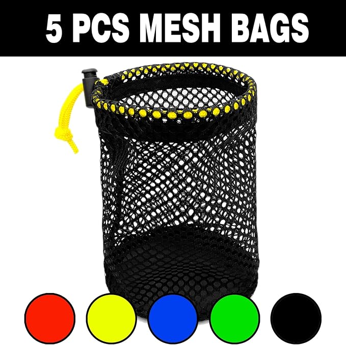 JKL 5 Pack Small Golf Ball Bags, Golf Mesh pouch,Sports Net, Round Storag,little nylon mesh bag,Colorful Drawstring mesh Bags for accessories（Red Yellow Blue Green Black）