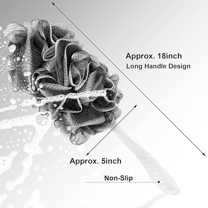 Black Charcoal Loofah for Mens - Back Loofah Scrubber with Handle - Long Handle Bath Brush - 2 Pack
