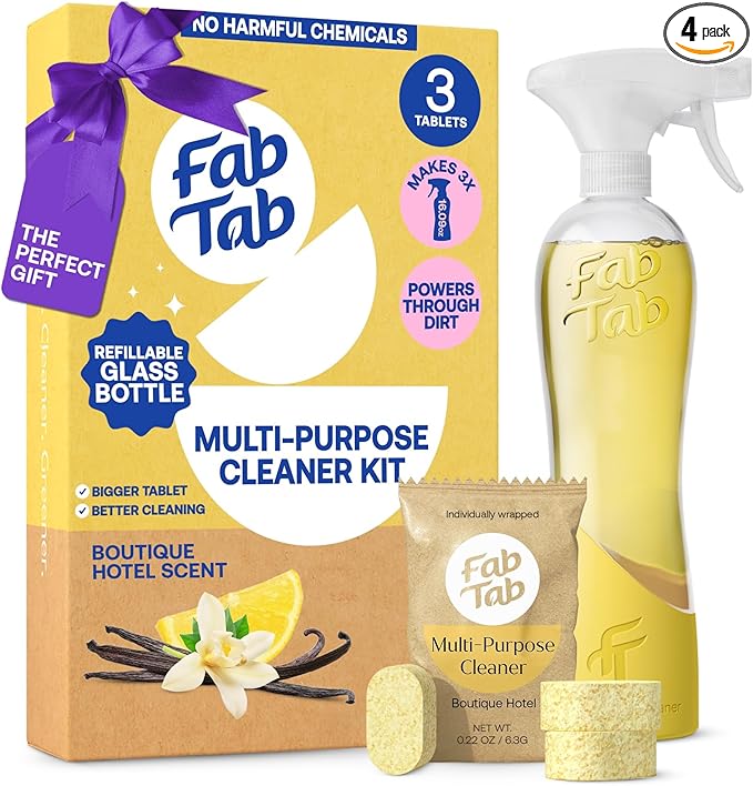 Fab Tab Multi Purpose Cleaner Cleaning Tablets, Eco-Concious Refillable Glass Bottle System with Boutique Hotel Scent, Safe For Family and Pets - Chemical-Free, Plastic-Free - 3 Count