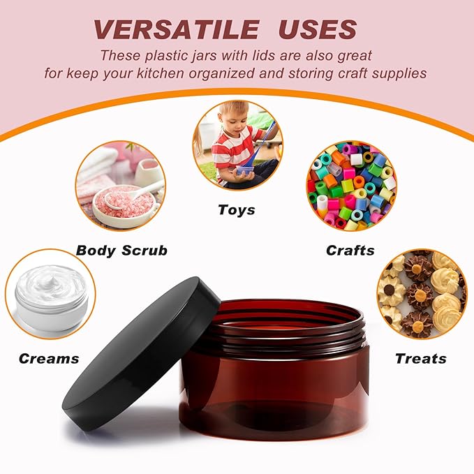 Dandat 24 Pcs 8 oz Plastic Jar Container with Lid and Label Refillable Empty Round Amber PET Cosmetic Sample Containers for Lotion, Cream, Ointments, Body Butter, Makeup, Travel Storage