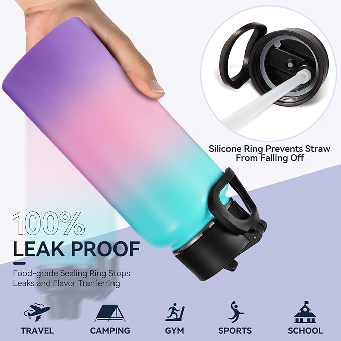 Neihepal 32 oz Insulated Water Bottle with 2 Lids (Straw & Spout Lid), 18/8 Stainless Steel Double Wall Water Bottles for Gym, Travel, Camping, Sports (Gradient Color,1Pack)