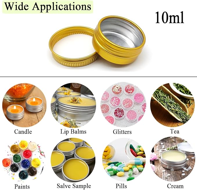 10ml Aluminum Tin Jar, 1/3 oz Makeup Container, 10g Aluminum Screw up Lid Small Round Container Bottle for Cosmetics Lip Balm Cream Toner Eyeshadow Candle Tea Beads, 24 Pack Gold Color Tins