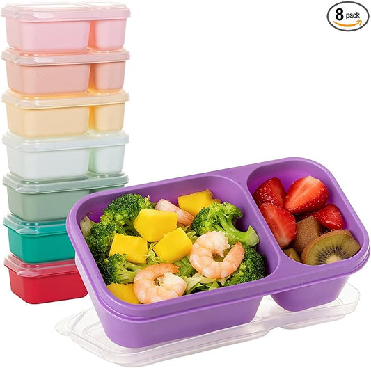 8 Pack Wheat Straw Snack Containers with Lids, 2-Compartment Reusable Bento Boxes for Meal Prep, Travel, Camping, and On-the-Go Snacks, Leak-Proof & Dishwasher Safe (8 Colors)