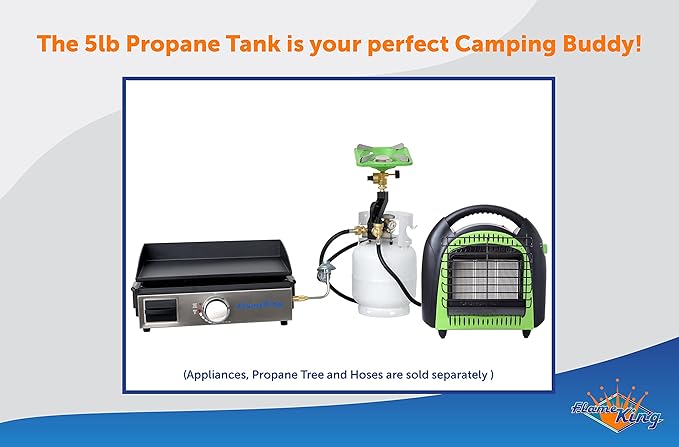 Flame King YSN5LB-GAUGE 5lb Steel Propane Tank Cylinder with Gauge and OPD Valves for Grills and BBQs, Camping, Fishing, & Outdoor Activities, White