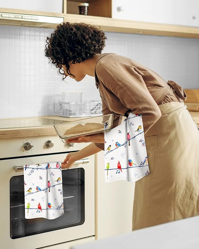Flour Sack Kitchen Towels Set of 2-18x26 Cotton Dish Towels with Hanging Loop Reusable Tea Towel for Cleaning Spring Absorbent Dishcloths Cute Home Decor Housewarming, Watercolor Bird