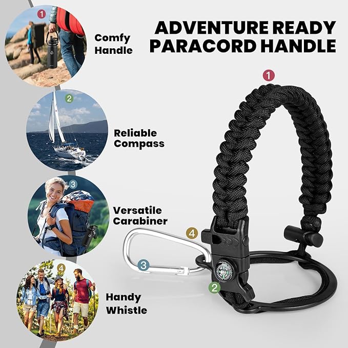 Insulated Water Bottle 32 oz, Triple Wall Vacuum Stainless Steel (Cold for 48 Hrs), Leak Proof & Non-BPA, Modern Water Flask Jug with Paracord Handle & Straw Spout Lids, Magic Black