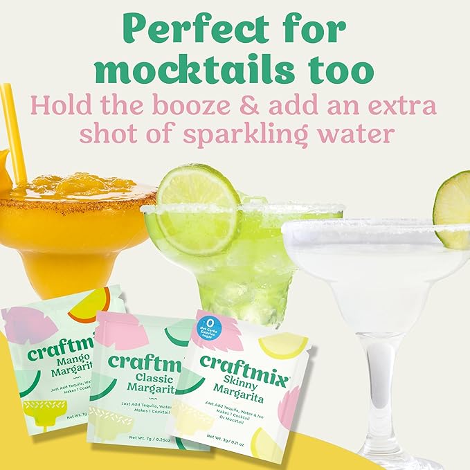 Craftmix Margarita Variety Pack Cocktail & Mocktail Drink Mixer, Skinny Mixes - Water Flavoring Packets - Made With Real Fruit - Vegan Low-Carb, Low-Sugar, Non-GMO, Dairy Free, Gluten Free, 12 Pack