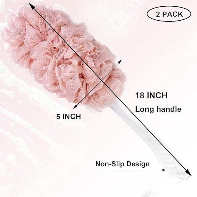 PPHAO - Loofah on a Stick for Men & Women - Bath Brush with Long Handle - Plastic Loofah Sponge - 2Pack in Green & Pink