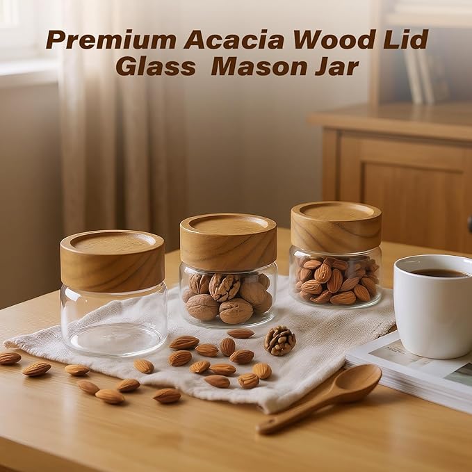 6-Pack 4 oz Stackable Airtight Glass Canisters with Acacia Lids - Small Mason Jars for Overnight Oats, Spice Storage, Herb Keepers, Pantry Organization and Dry Food Storage