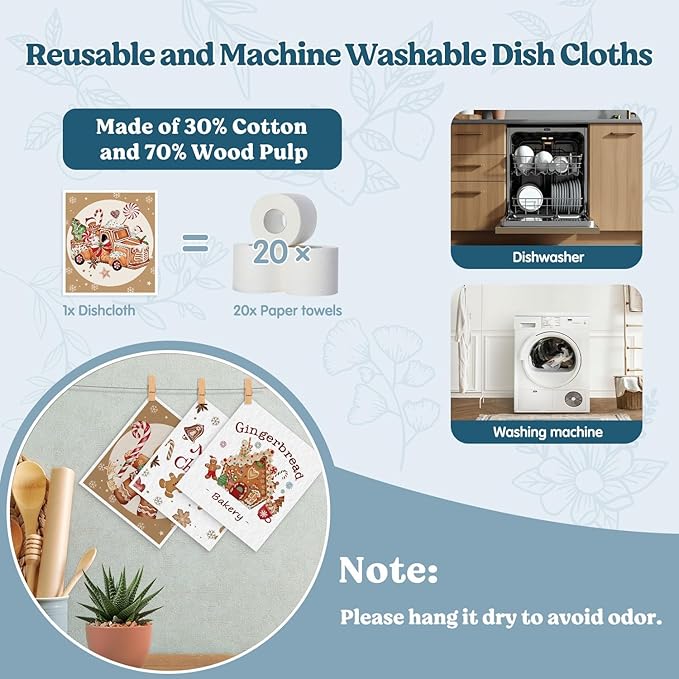 Swedish Dishcloths for Kitchen, Christmas Xmas Gingerbread Winter Kitchen Dish Towels for Washing Dishes, 4 Pack Reusable Paper Towels, Sponge Cloths for Holiday Home Cleaning Baking Cooking