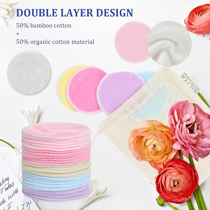 Bamboo Fiber Makeup Remover Pads,Gentle for Sensitive Skin,30 Pack,Reusable,Eco-Friendly,Zero Waste, Quick Makeup Removal, Travel Essential