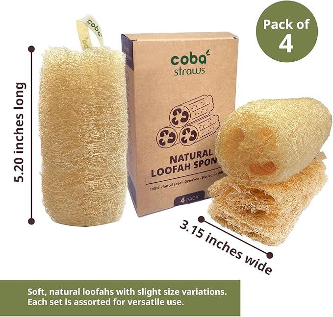 Natural Loofah Sponge – Shower Loofah Exfoliating Body Scrubber for Women & Men | Multi-Use Sponge for Shower, Spa, Kitchen, Pet | 100% Natural, Dye-Free, Eco-Friendly | Pack of 4