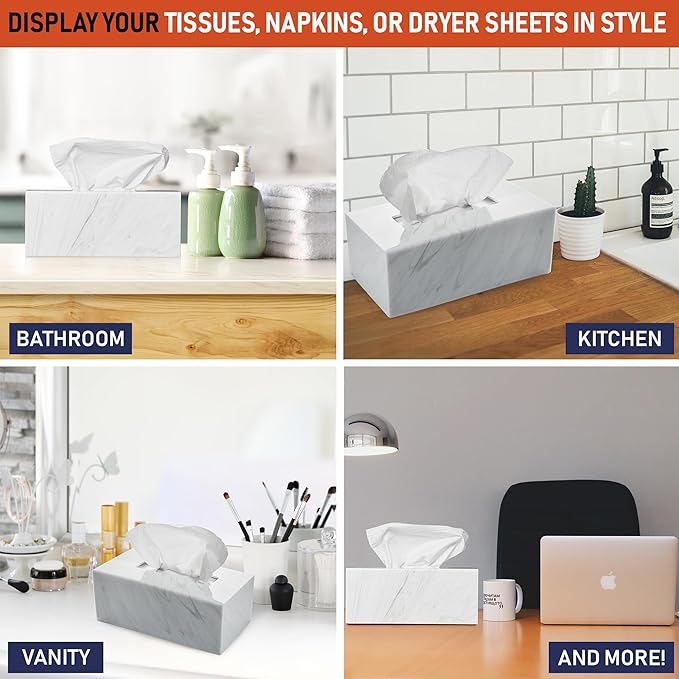 Acrylic Tissue Box Holder, Clear Dispenser for Facial Tissues, Napkins, and Dryer Sheets. Perfect for Bathrooms, Desks, Countertops, Vanities, Bedrooms, and Nightstands (Rectangle, Marble)