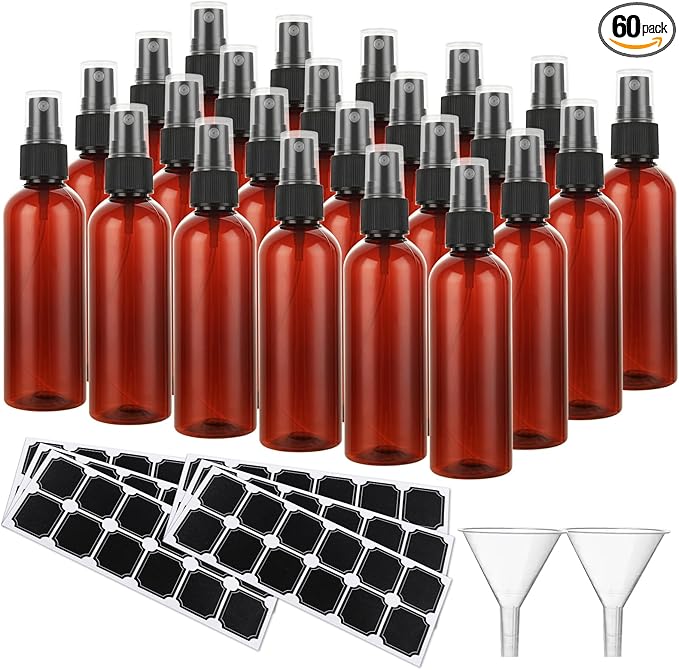 60 Pack Plastic Spray Bottles 4oz Small Empty Fine Mist Spray Bottles Amber Clear Bottles for Essential Oils, Bath, Beauty, Hair & Cleaning, Small Sprays Bottle for Travel, With 10 Funnels