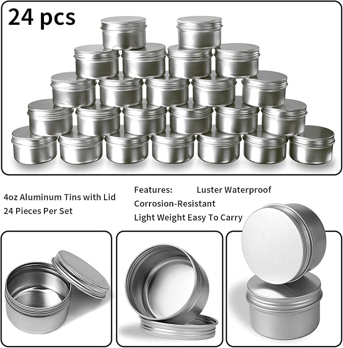 24 Pack 4 oz Aluminum Balm Tins For Pill Storage, Jar Containers with Screw Thread Lid for Lip Balm, Cosmetic, Salve, Aluminum Tin Cans Containers for Candle Making
