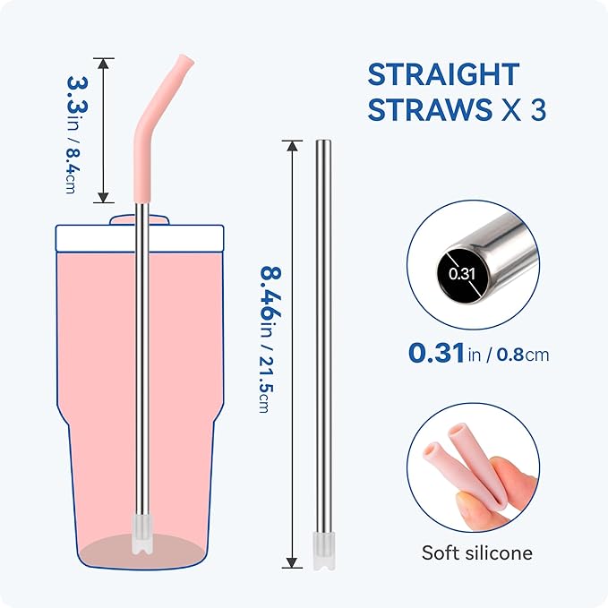 Reusable Metal Straws with Silicone Tip for Stanley 20oz,Stainless Steel Drinking Straws for 20oz Tumbler,3 Straight Tubes & 6 Tips& 1 Cleanr Brush(Iris)