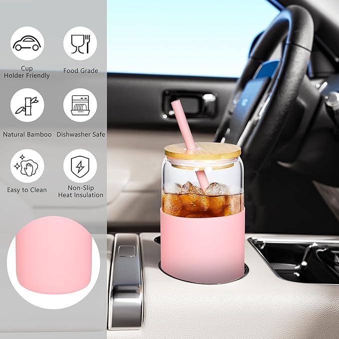 4 Pcs 20oz Glass Tumbler with Straw and Lid Iced Coffee Glasses with Silicone Protective Sleeve Drinking Glasses Set of 4 for Juice Beer Milk(Pink*4)