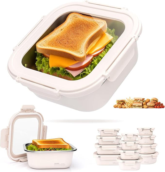 20oz Stainless Steel Lunch Box With Leakproof Tempered Glass Lids Microwavable Stainless Steel Food Storage Containers Stackable Freezer Fruit Snack Meal Prep Metal Bento Box for Travel Picnic Square