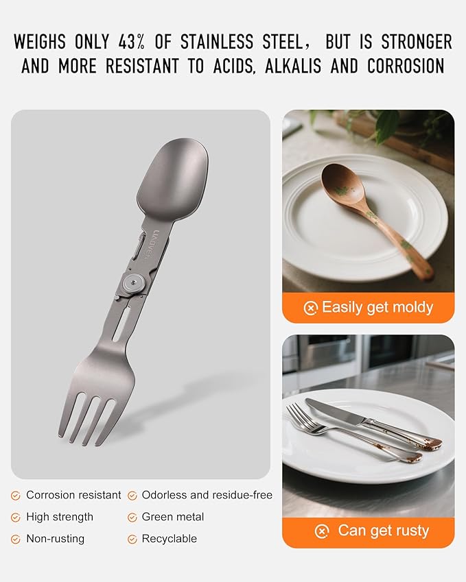 Titanium Spork 3 in 1 Folding Camping Fork and Spoon, Ultra Lightweight Camping Utensil with Locking Function, Travel Fork Spoon Combo Eco-Friendly for Outdoor/Backpacking