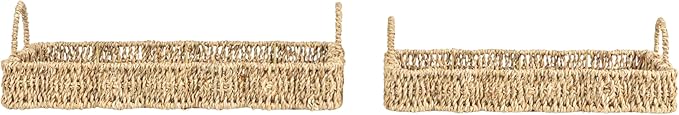 Household Essentials Woven Seagrass Scalloped Rectangular Trays, Set of 2, Natural