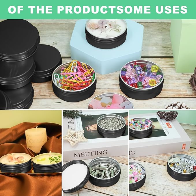 YQ 60 Pack 2 oz Tins with Lids, Salve Tins Round Aluminum Tin with Lids, 2oz Metal Tin Cans with Lid and Label, Refillable Black Containers for Balm,Beads,Weeds,Seeds,Salve,Spices and Homemade Candles