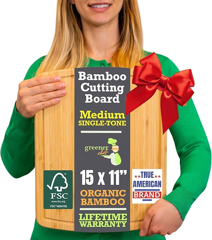 GREENER CHEF 15 Inch Bamboo Cutting Board with Lifetime Replacements - Medium Wooden Chopping Board for Kitchen, Butcher Block, Meat, Vegetables, Charcuterie and Cheese Board