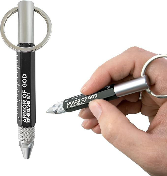 5-in-1 Mini Multitool Pen - Armor of God, Eph 6:11 Scripture - Dual Sided Mini Tool Keychain w/Ball Point Pen, Cm Ruler, Screwdriver Bits & More - Christian Pocket Tools For Men