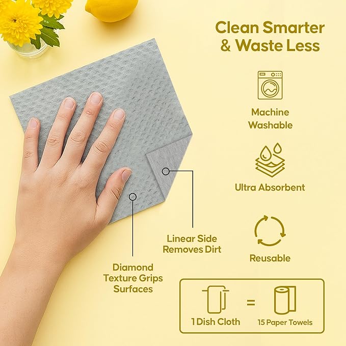 Organic Origin Swedish Dishcloths 12 Pack - Reusable Paper Towel Replacement Kitchen Towels - Machine Washable Cellulose Sponge Cloths - Biodegradable Dish Rags Ultra Absorbent Natural
