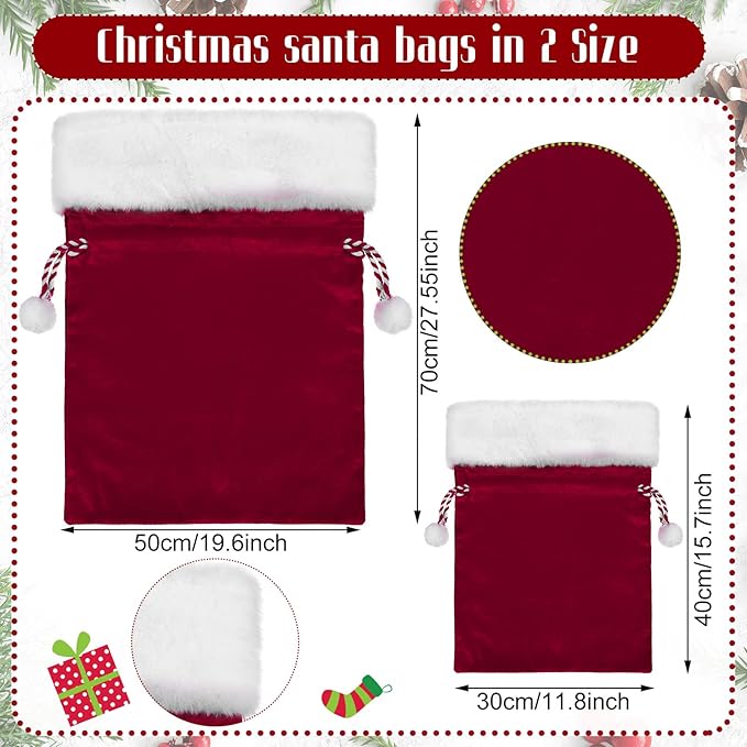 Shappy 2 Pieces Christmas Velvet Santa Bags with Drawstring in 2 Size Large Christmas Bags Santa Gift Sack for Xmas Playing Present Toy(Burgundy)