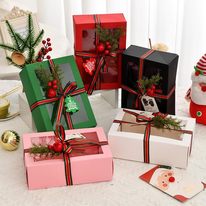 12 Pack Christmas Gift Boxes with Clear Window, Red Christmas Gift Boxes with Ribbon, Pine Sprigs & Berry Decorations for Holiday Wrapping, 8.7x5.9x2.8 Inch (RED)