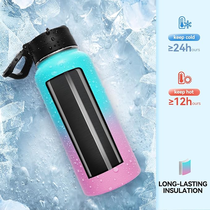 Neihepal 32 oz Insulated Water Bottles with 2 Lids (Straw & Spout Lid), 18/8 Stainless Steel Double Wall Water Bottle for Gym, Travel, Camping, Sports (Assorted,2 Pack)