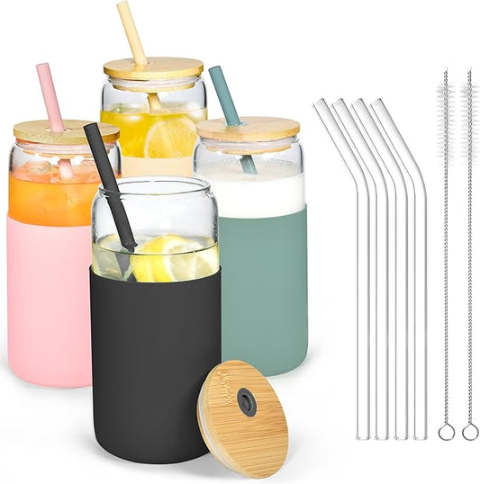 20oz Glass Coffee Cups with Lids and Straw Iced Coffee Glasses with Silicone Protective Sleeve Drinking Glasses Set of 4 for Juice Beer Smoothie(Mixed ColorA)