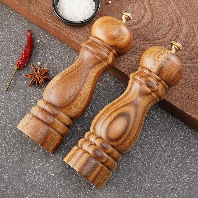 QUEEN Acacia Salt Pepper Grinders Refillable Set, Acacia Wood Salt and Pepper Set, Easy Refillable Manual Wooden Salt Pepper Grinder with Tray 2pcs, Perfect Housewarming Gifts
