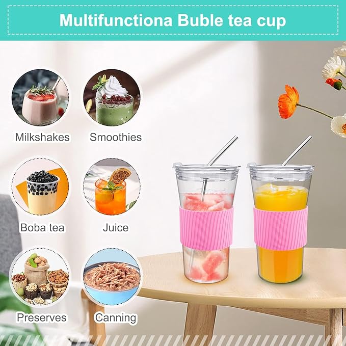 2 pcs Iced Coffee Cups with Lids, 16 oz Glass Cups with Lids and Straws, Reusable Tumbler with Silicone Sleeve, Wide Mouth Can Shaped Drinking Glasses for Coffee Juice Water Smoothie (Pink)