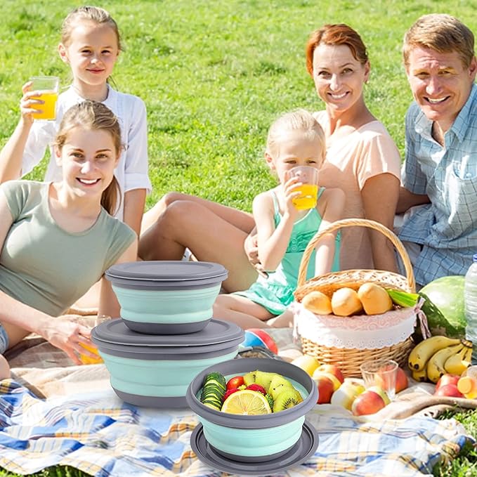 Collapsible Bowl, 3 Pcs Food Grade Silicone Camping Bowl, Expandable Salad Bowl Lunch Box with Lid & Tableware for Travel and Picnic (Blue)