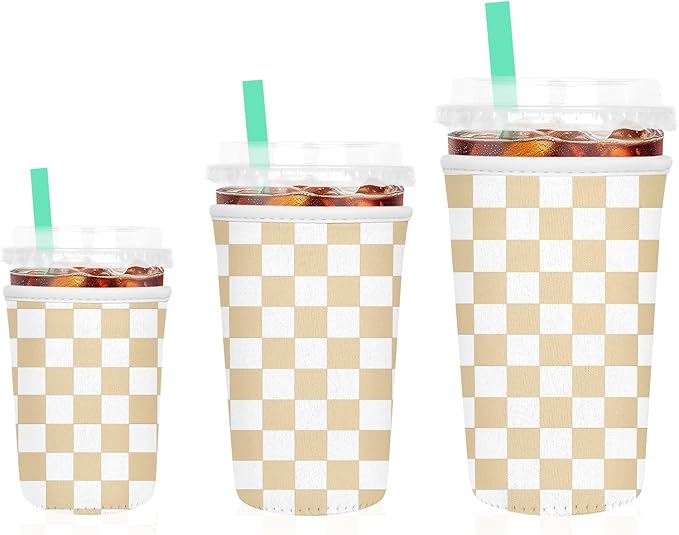 3 Pack Iced Coffee Sleeve, Reusable Insulated Neoprene Cup Sleeve for Cold & Hot Drinks Beverages, Cup Holder for 16-32oz Coffee Cups,Orange Plaid