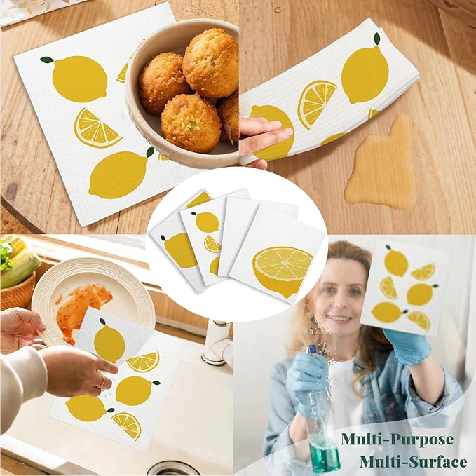 Swedish Dishcloths for Kitchen, Papaya Reusable Paper Towels Washable, Lemon Summer Swedish DishCloths for Friut, 4 Pack Dish Towels for Kitchen, No Odor Cleaning Cloths