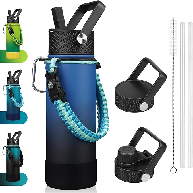 BJPKPK Insulated Water Bottle with Straw Lid, 22oz Thermal Flasks Water Bottles with 3 Lids, Paracord Handle & Non-slip Boot, BPA Free Leak Proof Stainless Steel Tumblers,Blue Black