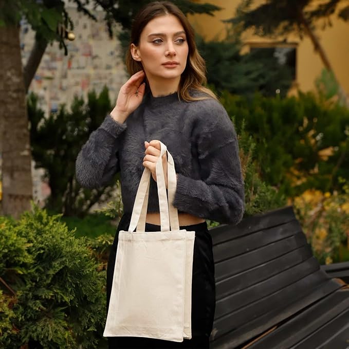 12 Ct Small Cotton Tote Bags with Full Gusset – Reusable Canvas Carry Bags