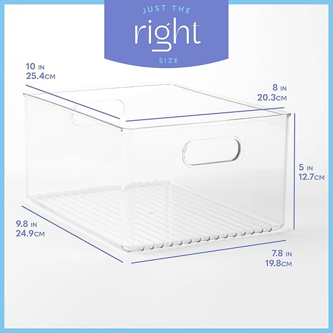 primebox Plastic Food Storage 4 Pack Clear Container Bin with Handles for Organizing Kitchen, Pantry, Refrigerator, Freezer, Pantry, Cabinet, Closet, Bathroom 10”x8”x5”