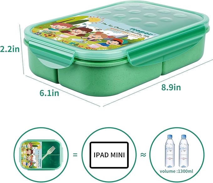 Wheat Straw Lunch Box - Leakproof Bento Box for Kids & Adults, BPA-Free 3-Compartment Food Containers, Microwave & Dishwasher Safe (Green, 5.5 Cup)