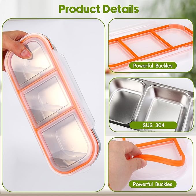 3 Pack Snack Containers with Leakproof Lids 304 Stainless Steel Bento Lunch Box Divided Food Containers for Home officer Gym Travel (3+3+3)