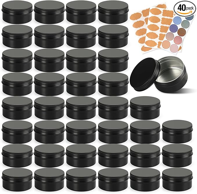 3oz Black Aluminum Tin Containers with Screw Lids, 40 Pack Refillable Cosmetic Jars, Round Salve Tins, Tea Cans, Bulk Food Storage Jars, Candle Travel Tins