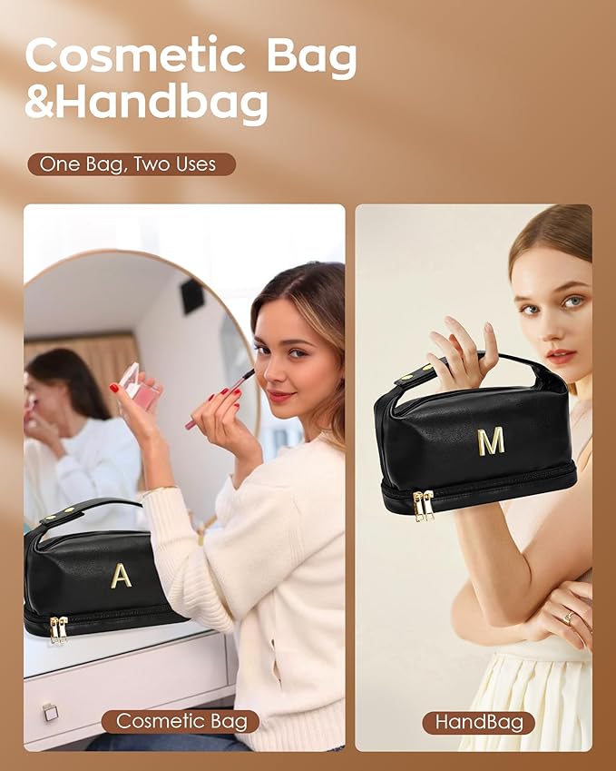 Makeup Bags Personalized Bags with Handle, Waterproof Double Layer Cosmetic Bag, Large Capacity PU Leather Makeup Bags Letter Travel Toiletry Bag with Makeup Brush Organizer