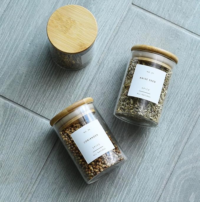 12 pcs Spice Jars | Glass Jar Bamboo Lids Food Storage Containers 7oz Glass Jar | Includes Pen and Decorative Labels | Dozen Spice Jars | Tea, Sugar, Salt, Herbs | Bonus Item